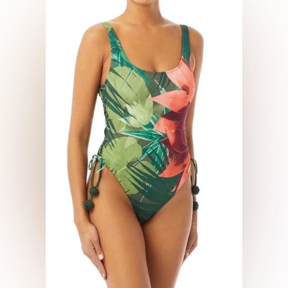 Vince Camuto Tropical Floral One-Piece Swimsuit-8 Green Floral , Nylon Spandex